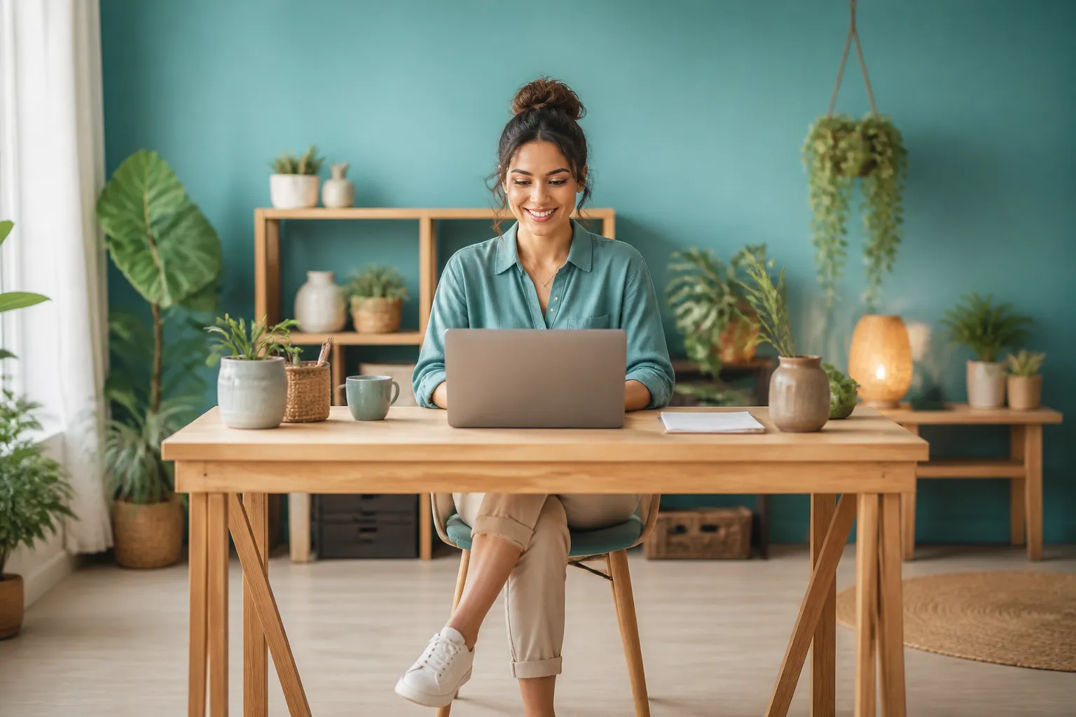 Small business owner reviewing AI search analytics at a bright desk