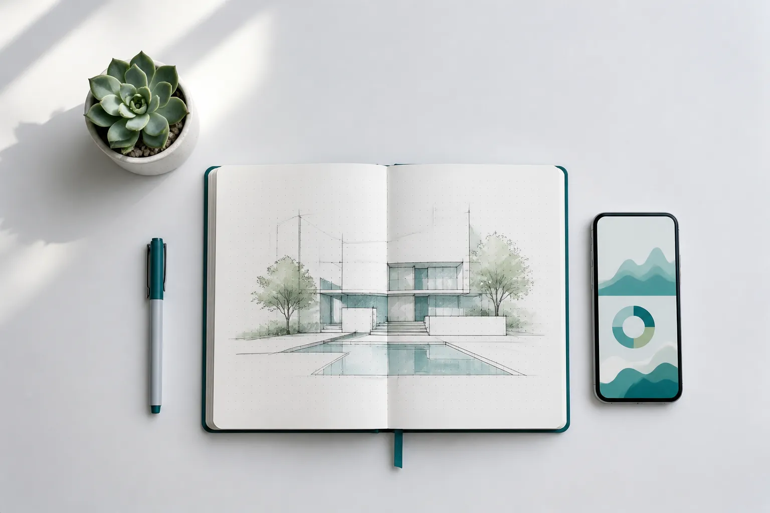 Clean modern workspace with notebook and analytics on a smartphone